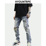 high street fashion destroyed jeans mens knee hole patchwork plaid ripped slim biker jeans new hip hop zipper pants joggers relaxed fit joggers