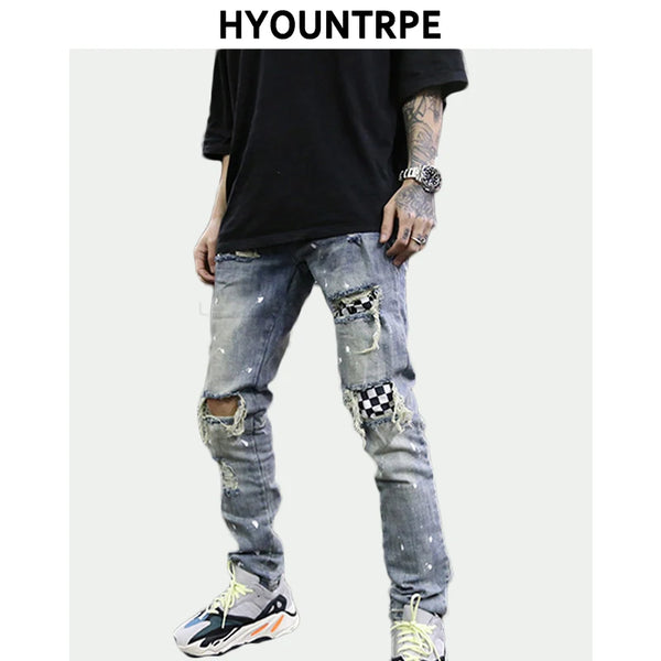 high street fashion destroyed jeans mens knee hole patchwork plaid ripped slim biker jeans new hip hop zipper pants joggers relaxed fit joggers