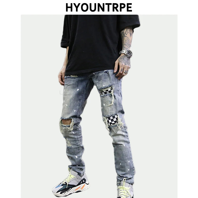 high street fashion destroyed jeans mens knee hole patchwork plaid ripped slim biker jeans new hip hop zipper pants joggers relaxed fit joggers