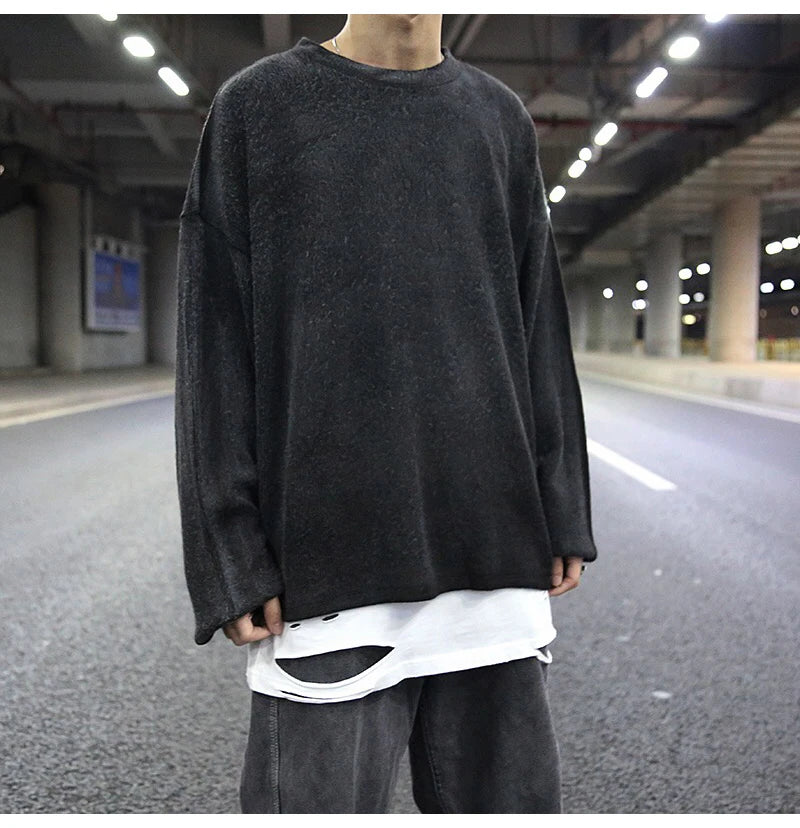 high street vintage wash sweater men loose knitted pullovers long sleeve hip hop oversize sweaters autumn casual jumper knitwear urban wear with bold artwork, streetwear fashion hoodie, aesthetic street look hoodie