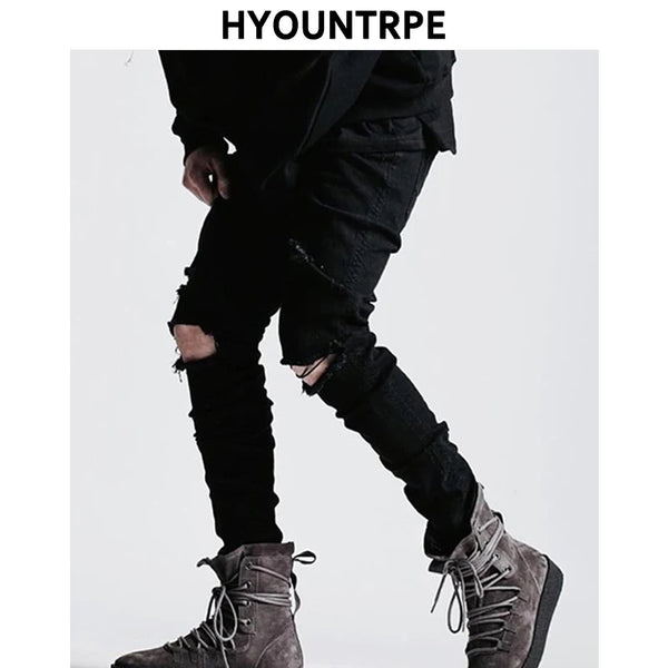 high street knee hole ripped biker jeans men slim fit elastic denim pants autumn new casual black stretch hip hop pants jogger sporty tapered joggers