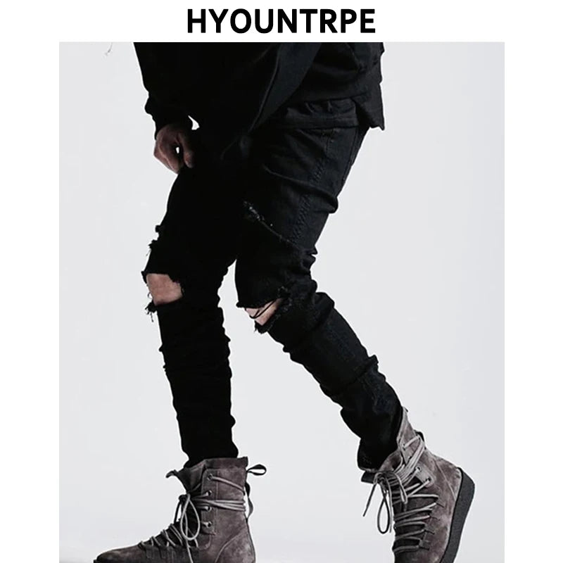 high street knee hole ripped biker jeans men slim fit elastic denim pants autumn new casual black stretch hip hop pants jogger sporty tapered joggers