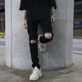 high street knee hole ripped biker jeans men slim fit elastic denim pants autumn new casual black stretch hip hop pants jogger urban active pants