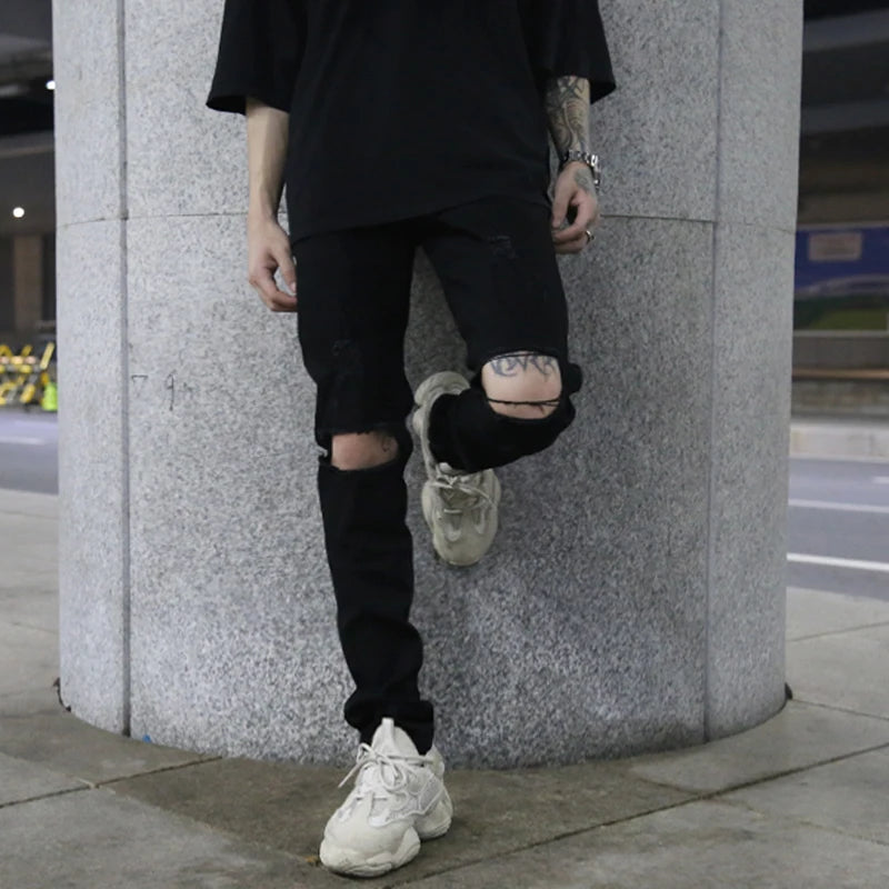 high street knee hole ripped biker jeans men slim fit elastic denim pants autumn new casual black stretch hip hop pants jogger urban active pants