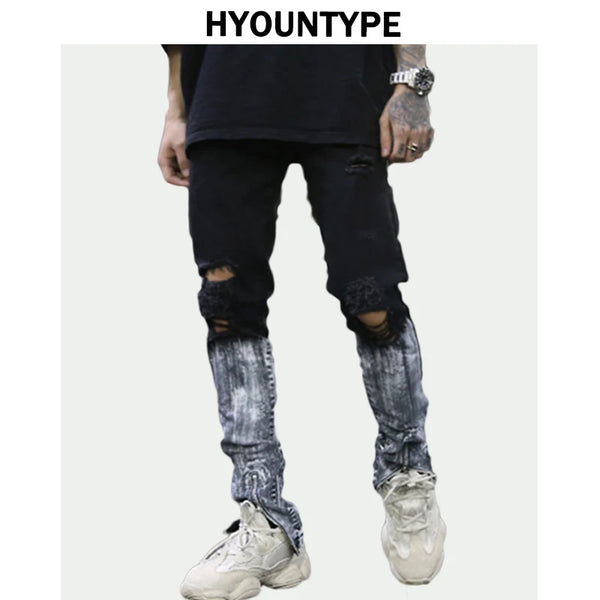 bottom graffiti printed zipper denim jeans mens ripped knee hole biker jean motorcycle slim trousers streetwear hip hop pants stacked flare jeans