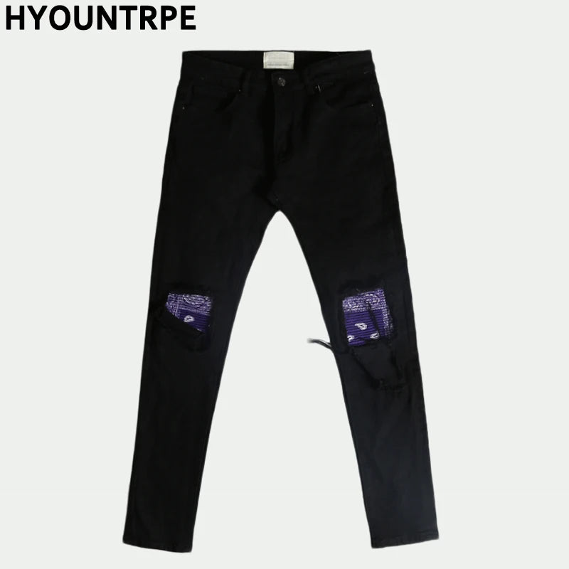 knee patchwork jeans for men hip hop skinny biker taped jean trousers slim fit black denim pants fashion streetwear jogger unique joggers style 945