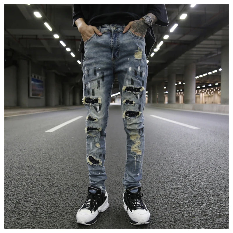 graffiti printed ripped destroied denim jean mens distressed biker jeans with sequins 2018 fashion high street slim pants jogger unique joggers style 3335
