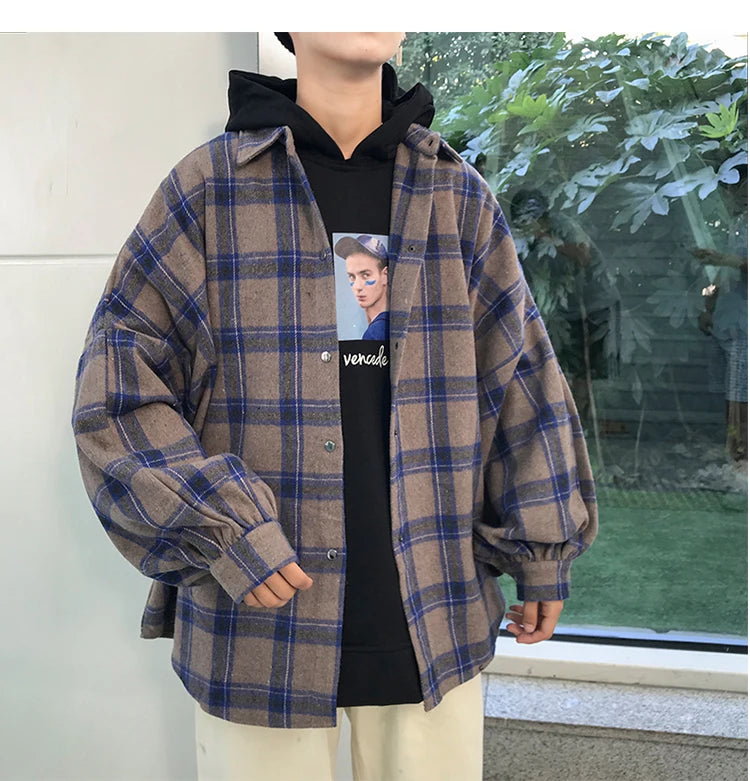 Y2k Harajuku Harajuku Plaid Shirt 2023 Man Streetwear Fleece Shirts Long Sleeve Mens Vintage Korean Fashions Clothes