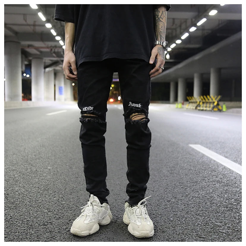 embroidery knee ripped hole jeans for men hip hop skinny biker destroyed taped jeans slim fit black denim pants 2018 new jogger unique joggers style 2165