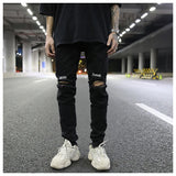 embroidery knee ripped hole jeans for men hip hop skinny biker destroyed taped jeans slim fit black denim pants 2018 new jogger unique joggers style 2165