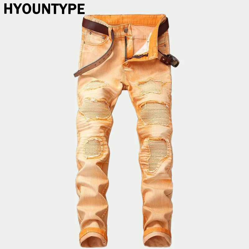 fashion ripped biker jeans denim distressed trousers slim fit zippers hip hop jeans motorcycle pants casual streetwear for men unique jeans style 1903
