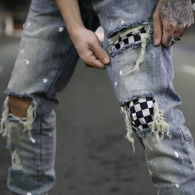 high street fashion destroyed jeans mens knee hole patchwork plaid ripped slim biker jeans new hip hop zipper pants joggers urban active pants