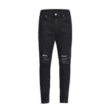 embroidery knee ripped hole jeans for men hip hop skinny biker destroyed taped jeans slim fit black denim pants 2018 new jogger unique joggers style 2173