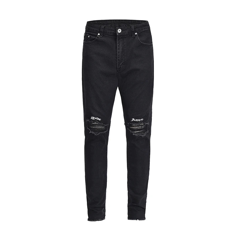 embroidery knee ripped hole jeans for men hip hop skinny biker destroyed taped jeans slim fit black denim pants 2018 new jogger unique joggers style 2173
