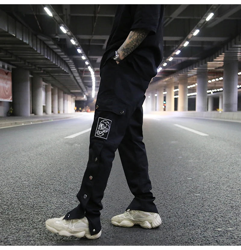 mens casual hip hop joggers side button trouser elastic waist drawstring sweatpants 2019 new cargo pockets streetwear man pants unique joggers style 2427