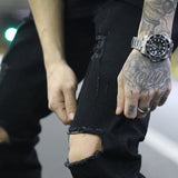 high street knee hole ripped biker jeans men slim fit elastic denim pants autumn new casual black stretch hip hop pants jogger unique joggers style 1730