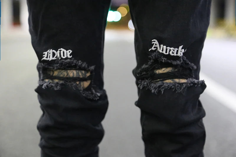 embroidery knee ripped hole jeans for men hip hop skinny biker destroyed taped jeans slim fit black denim pants 2018 new jogger casual joggers
