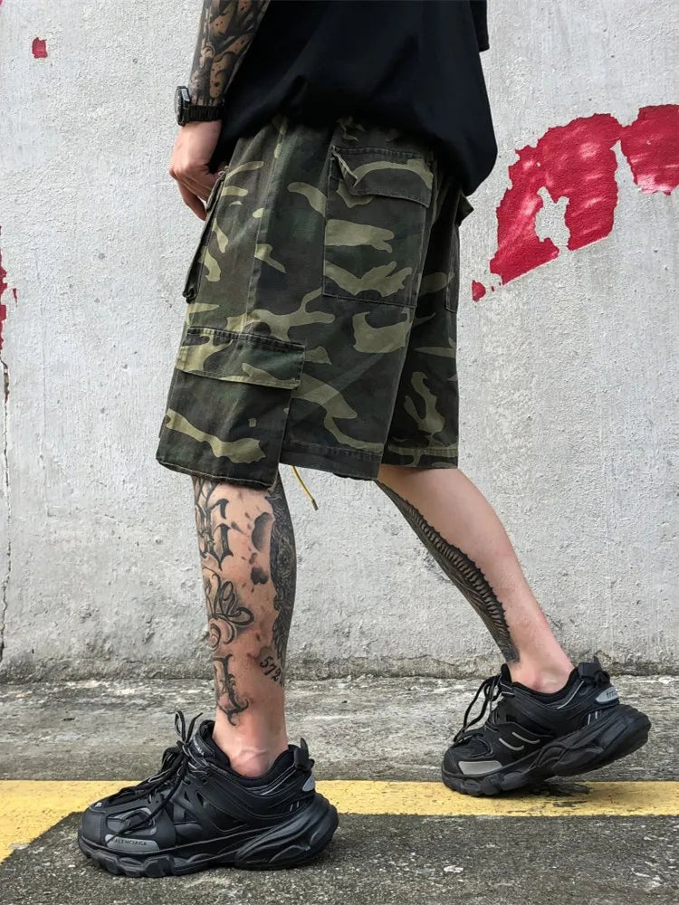 mens camouflage hip hop shorts stitching pockets cargo shorts casual elastic waist drawstring sportswear streetwear short pants utility cargo pants