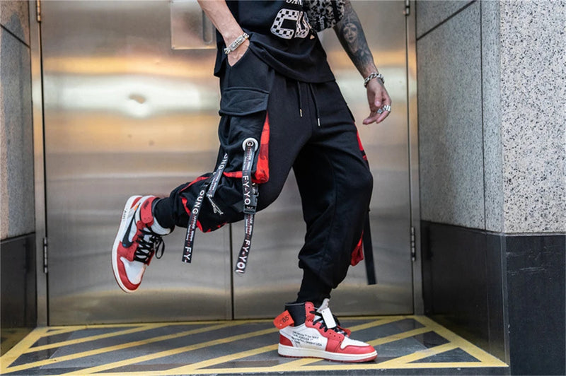 hip hop ribbons cargo pants men joggers pants streetwear men 2023 fashion mens elastic waist pant ribbons cotton black hw203 unique joggers style 2432