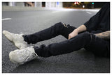 embroidery knee ripped hole jeans for men hip hop skinny biker destroyed taped jeans slim fit black denim pants 2018 new jogger unique joggers style 2170