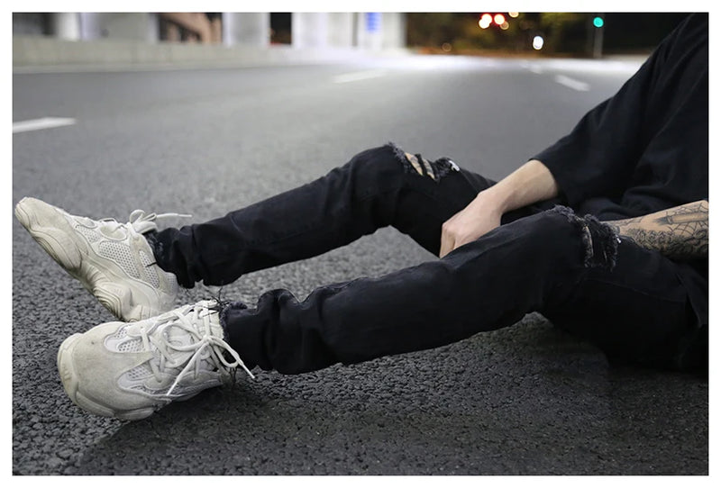 embroidery knee ripped hole jeans for men hip hop skinny biker destroyed taped jeans slim fit black denim pants 2018 new jogger unique joggers style 2170