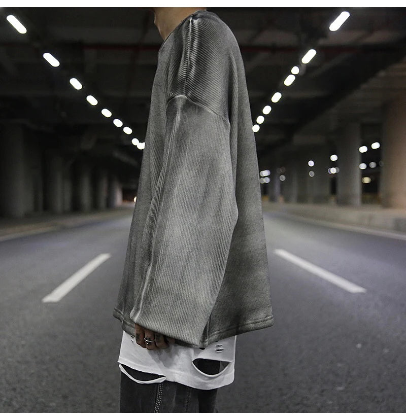 high street vintage wash sweater men loose knitted pullovers long sleeve hip hop oversize sweaters autumn casual jumper knitwear oversized graphic print design, urban wear with bold artwork, Y2K vintage urban hoodie