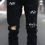 knee hole destroyed jeans patchwork plaid patch ripped slim mens biker jeans fashion streetwear hip hop zipper pants jogger streetwear sweatpants