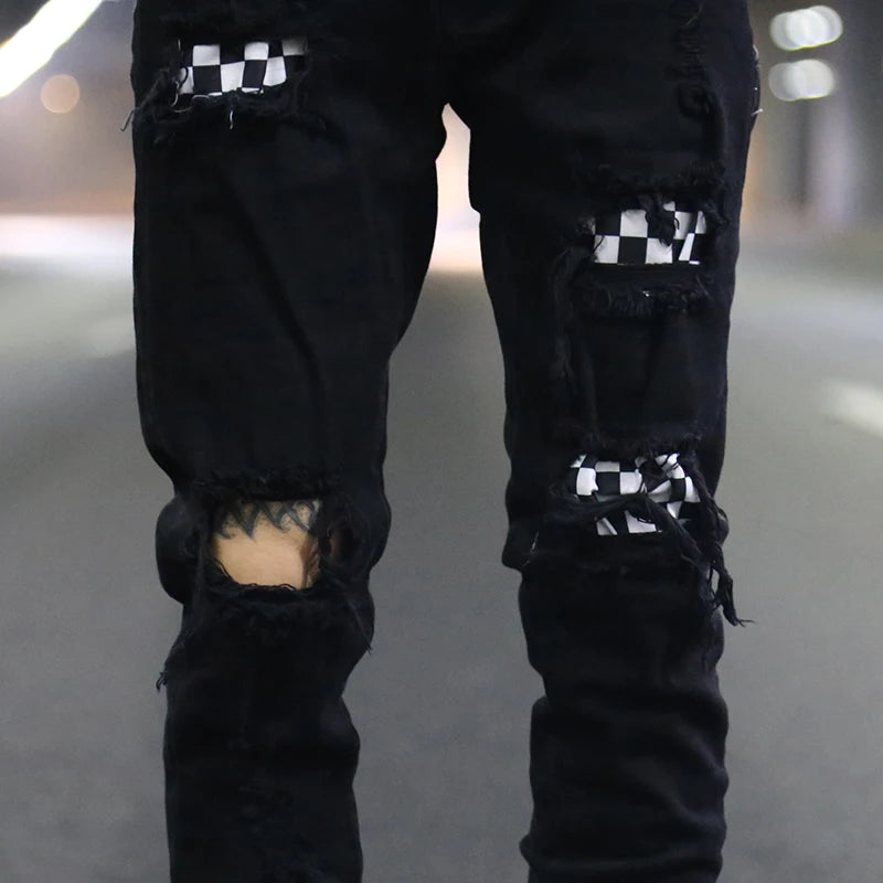 knee hole destroyed jeans patchwork plaid patch ripped slim mens biker jeans fashion streetwear hip hop zipper pants jogger streetwear sweatpants