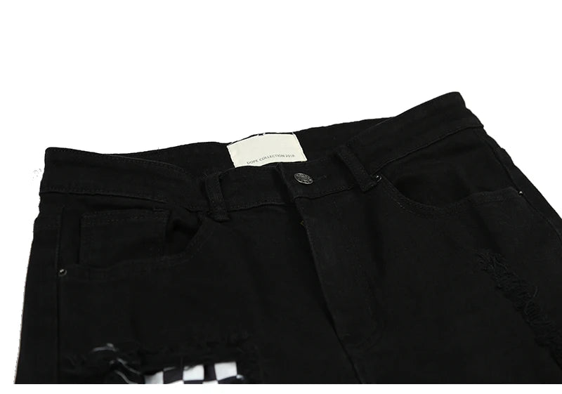 knee hole destroyed jeans patchwork plaid patch ripped slim mens biker jeans fashion streetwear hip hop zipper pants jogger unique joggers style 4243