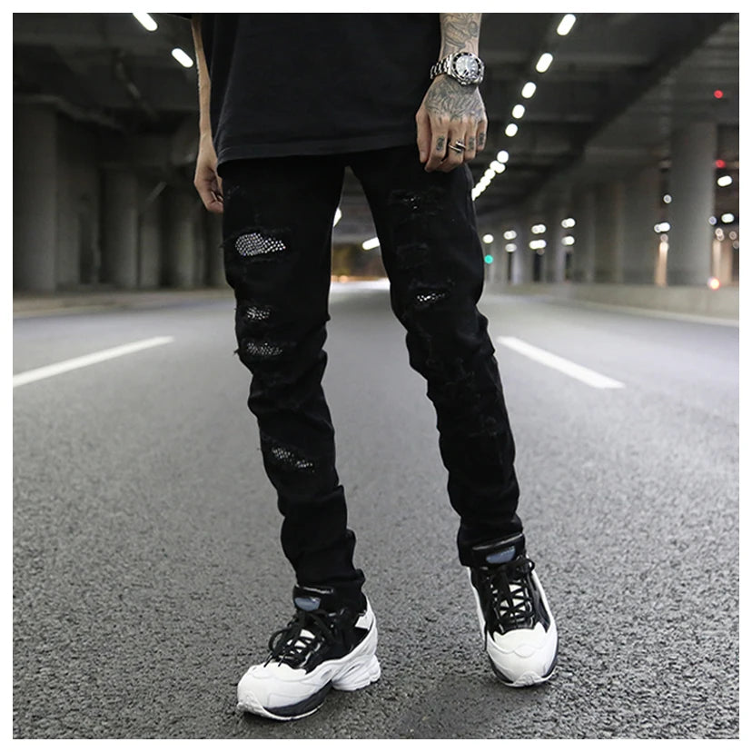 graffiti printed ripped destroied denim jean mens distressed biker jeans with sequins 2018 fashion high street slim pants jogger unique joggers style 3343