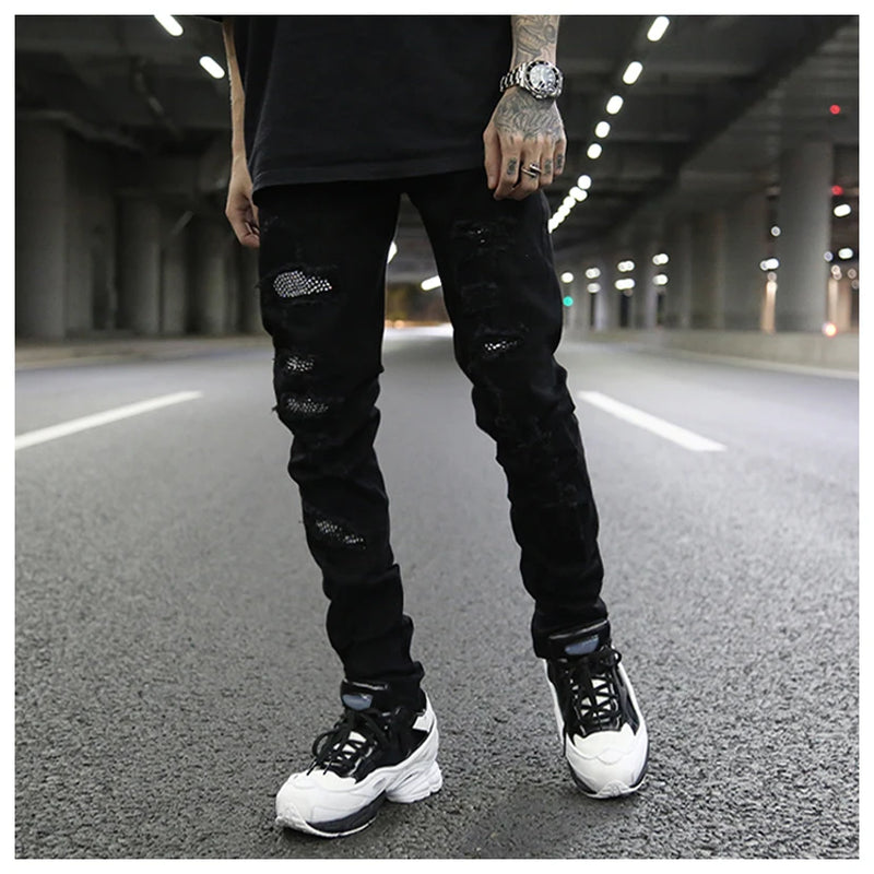 graffiti printed ripped destroied denim jean mens distressed biker jeans with sequins 2018 fashion high street slim pants jogger unique joggers style 3343