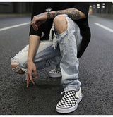 bottom zipper knee holes denim jeans destroyed ripped slim mens biker jeans new men fashion streetwear hip hop pants joggers unique joggers style 3403
