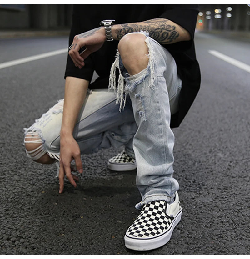 bottom zipper knee holes denim jeans destroyed ripped slim mens biker jeans new men fashion streetwear hip hop pants joggers unique joggers style 3403