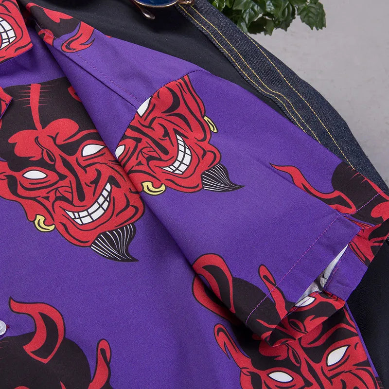 Devil Full Printing Turn-down Collar Casual Shirts High Street Pink /Purple
