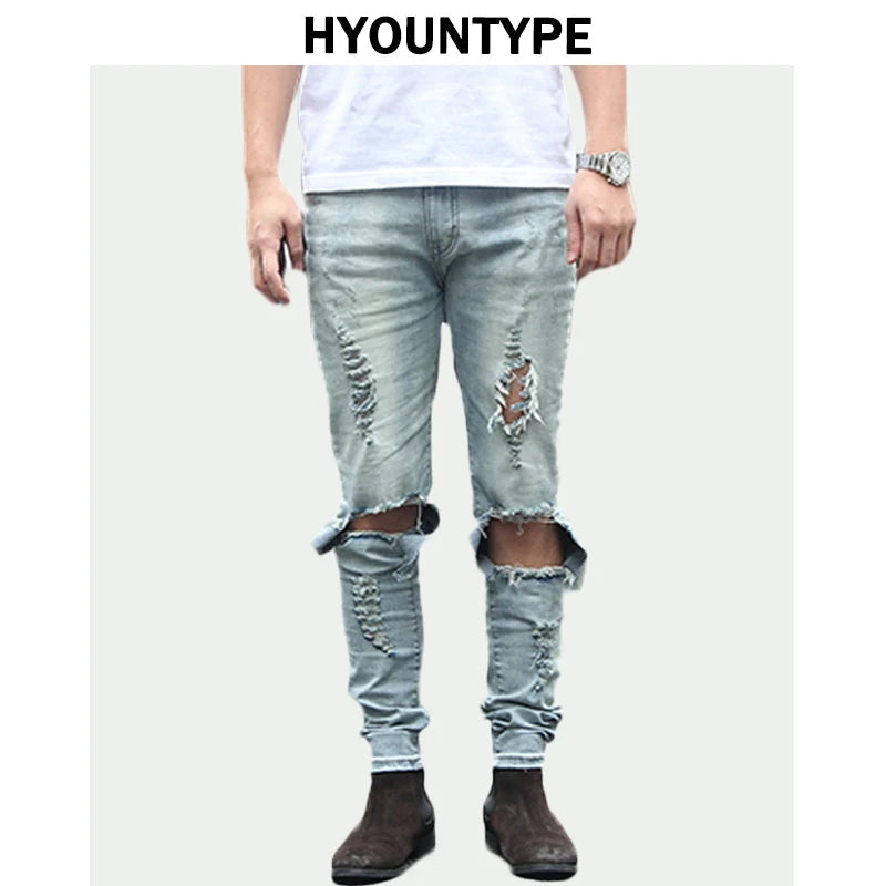 fashion designed slim fit ripped biker jeans hi street mens distressed denim joggers knee holes washed destroyed jeans men pants sporty tapered joggers