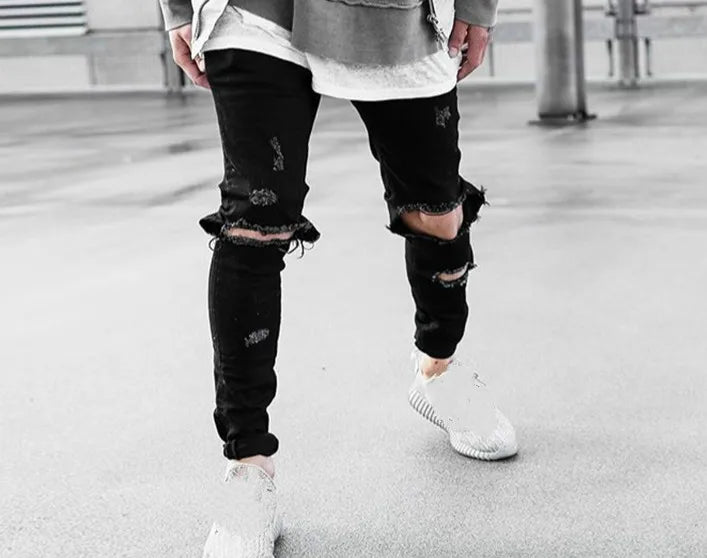 knee ripped hole biker jeans men denim destroyed slim fit zippers jeans fashion trousers black streetwear hip hop pants jogger unique joggers style 4316