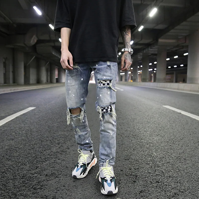 high street fashion destroyed jeans mens knee hole patchwork plaid ripped slim biker jeans new hip hop zipper pants joggers streetwear sweatpants