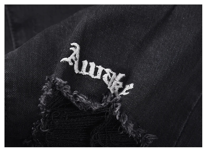 embroidery knee ripped hole jeans for men hip hop skinny biker destroyed taped jeans slim fit black denim pants 2018 new jogger unique joggers style 2179