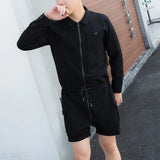 fashion zipper men rompers new summer long sleeve drawstring jumpsuit cargo pockets tops trousers black one piece suits overalls unique cargo style 3318