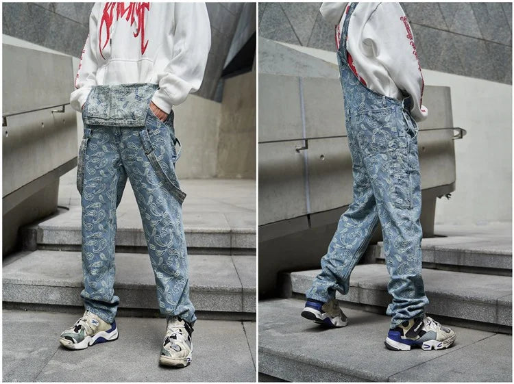 hip hop denim suspender trousers 2019 spring mens new fashion embroidery denim jeans jumpsuit loose straight casual pants unique jeans style 878