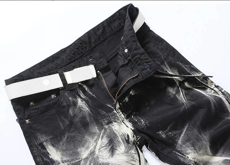 mens fashion wolf printed denim jeans new spring summer slim black painted straight pants cool streetwear male long trousers denim street jeans