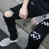 knee hole destroyed jeans patchwork plaid patch ripped slim mens biker jeans fashion streetwear hip hop zipper pants jogger sporty tapered joggers