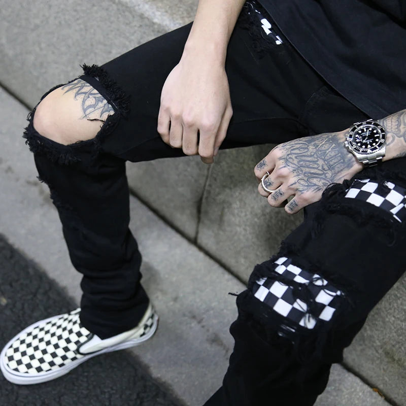 knee hole destroyed jeans patchwork plaid patch ripped slim mens biker jeans fashion streetwear hip hop zipper pants jogger sporty tapered joggers