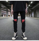 knee patchwork jeans for men hip hop skinny biker taped jean trousers slim fit black denim pants fashion streetwear jogger unique joggers style 949