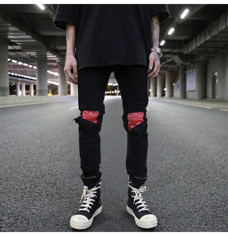 knee patchwork jeans for men hip hop skinny biker taped jean trousers slim fit black denim pants fashion streetwear jogger unique joggers style 949