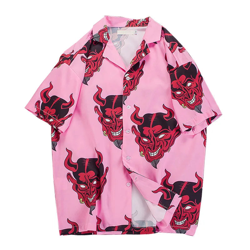 Devil Full Printing Turn-down Collar Casual Shirts High Street Pink /Purple