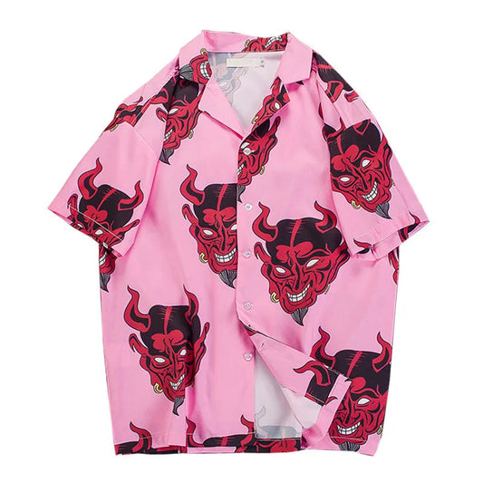 Devil Full Printing Turn-down Collar Casual Shirts High Street Pink /Purple