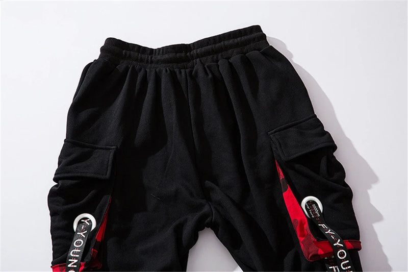 hip hop ribbons cargo pants men joggers pants streetwear men 2023 fashion mens elastic waist pant ribbons cotton black hw203 unique joggers style 2437