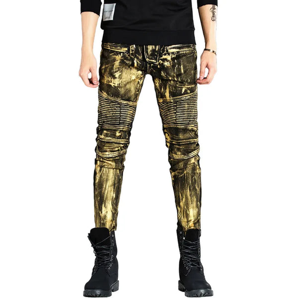 designer metal printed punk style jeans for men motorcycle vintage zipper hip hop coated pants 2018 new streetwear biker pants vintage washed jeans