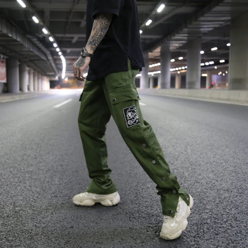 mens casual hip hop joggers side button trouser elastic waist drawstring sweatpants 2019 new cargo pockets streetwear man pants urban active pants
